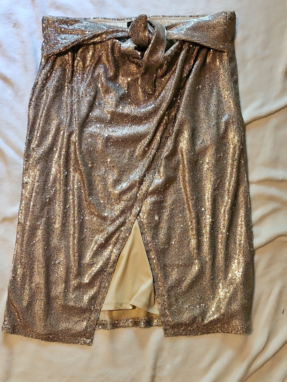 Express Metallic Gold Sequin Midi Skirt